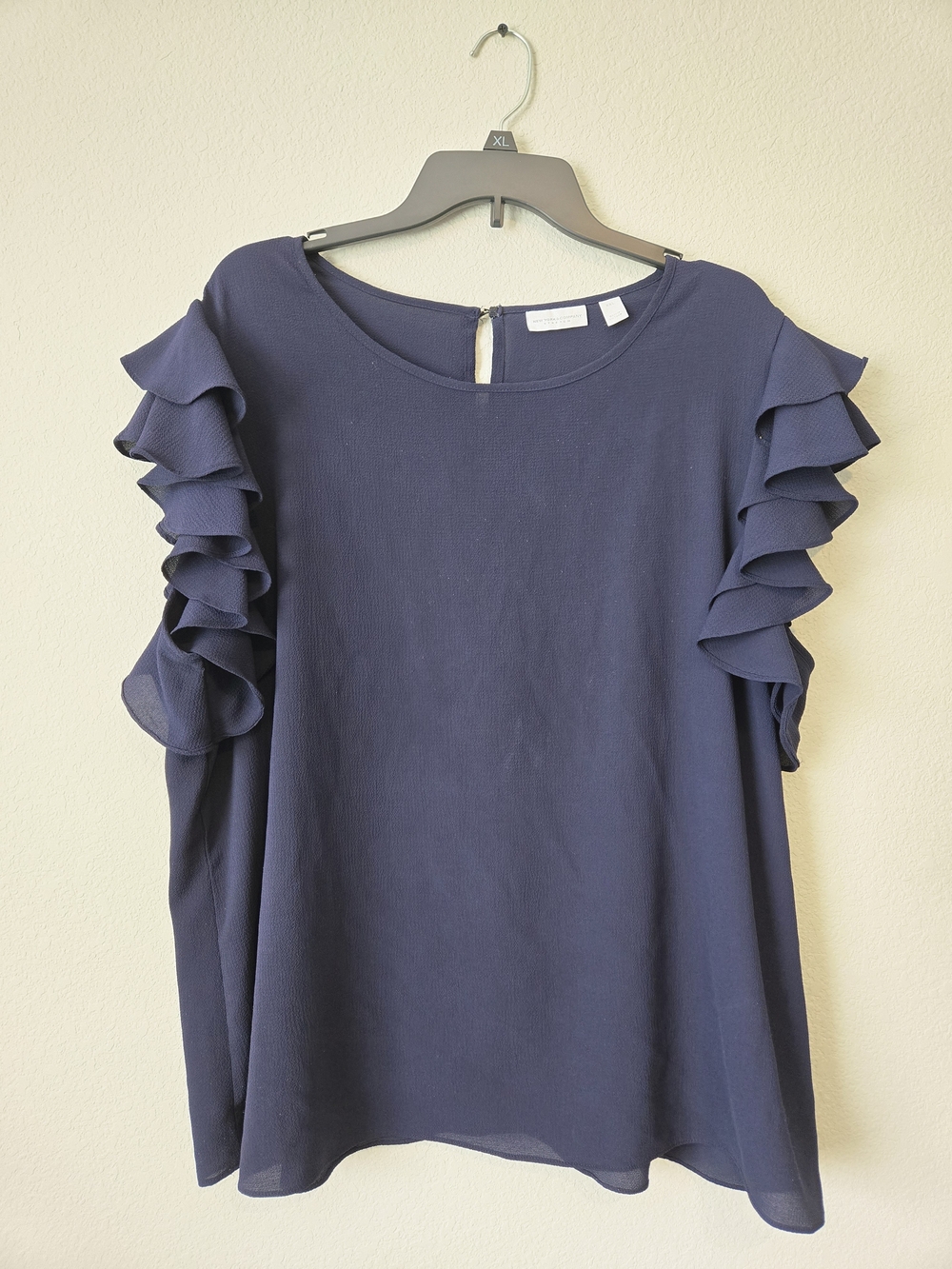 New York & Company Navy Ruffle Sleeve Blouse